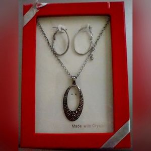 Gunmetal-Tone pierced hoop Earrings and Marcasite Pave Pendant Necklace Box Set